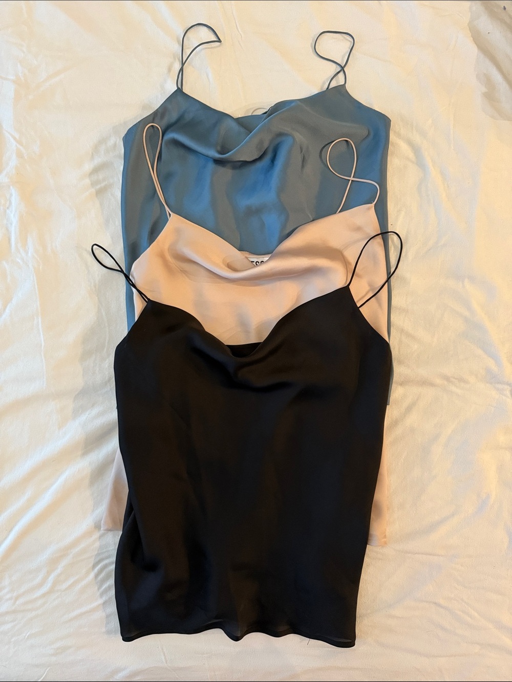 Satin Cowl Neck Spaghetti Strap Camisole - Black, Blush, Blue